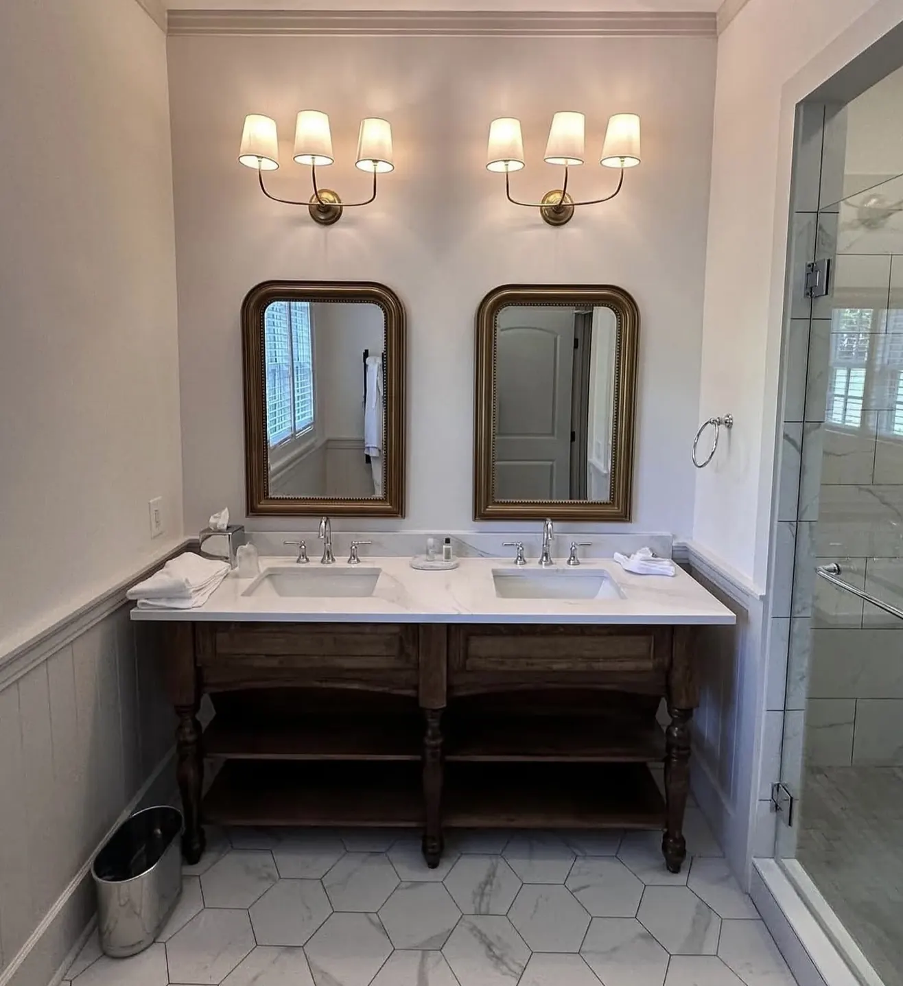 Double vanity and hex tile floor by CWL Construction